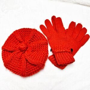 FOSSIL Orange Winter Knit Pom-pom Hat & Gloves Matching Cold Weather Set